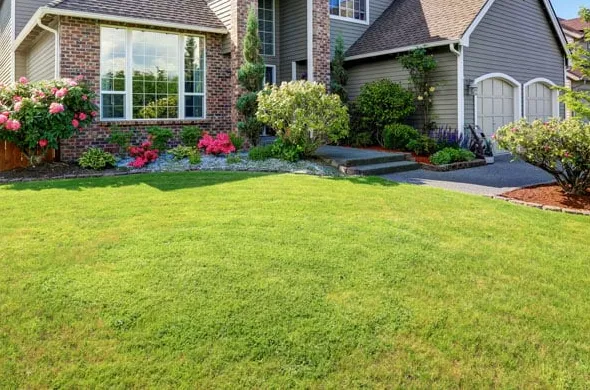 Well-maintained house with a clean yard and green lawn, showcasing yard cleanup and brush removal services in Palm Desert, CA.